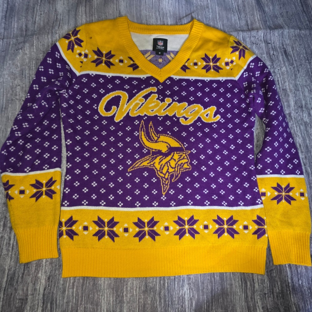 NFL Team Apparel Minnesota Vikings Purple Gold Fair Isle V-Neck Sweater Womens M